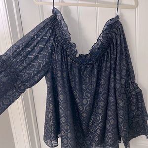 NWT Lucky Brand Off the Shoulder Navy Lace Blouse with Bell Sleeves.